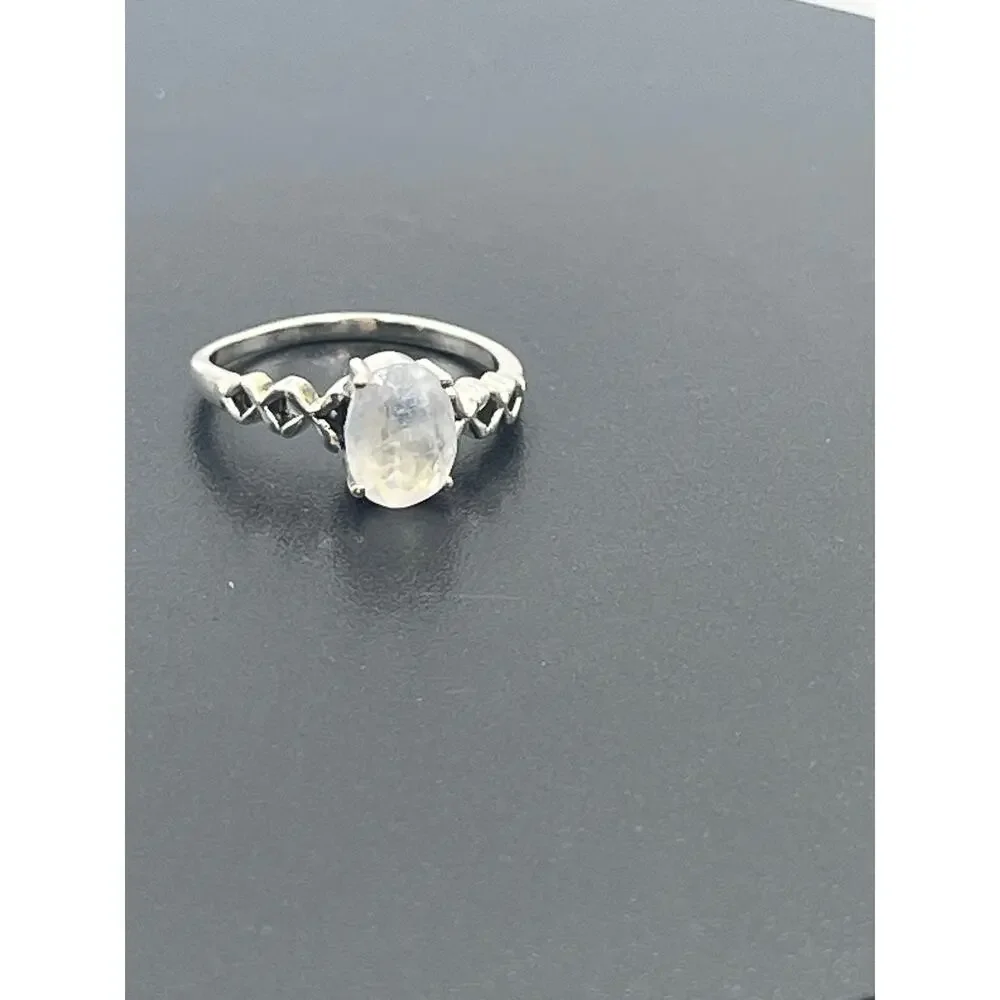 Rainbow Moonstone Oval Prong Set Side‎ Twist Detail Sterling Silver  Ring Sz 6.5